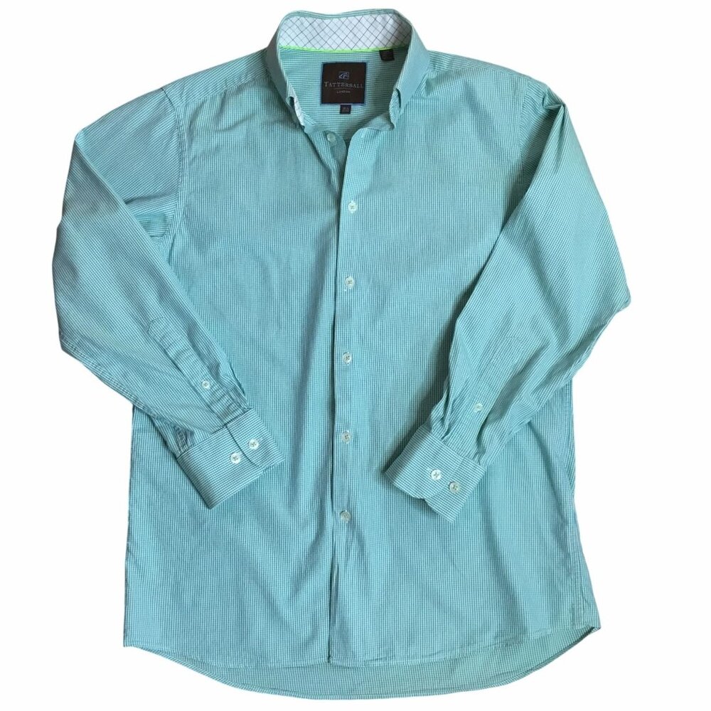 TATTERSALL LONDON Green Blue Gingham Button Down Shirt Cotton Mens 15.5 32 33